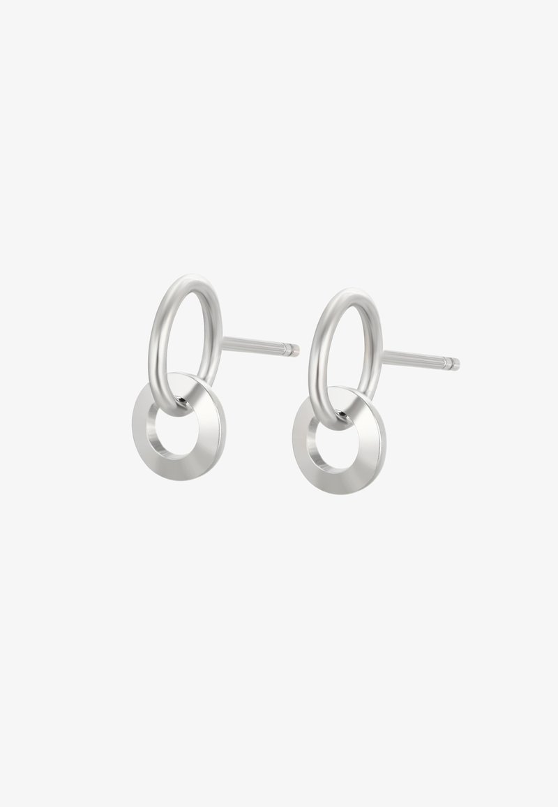 Sølv metal øreringe med sammenkædede cirkulære designs. øreringene består af en poleret ring og en skiveformet accent.