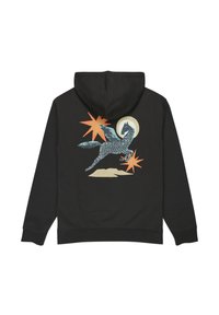Felpa nera con cappuccio caratterizzata da una grafica colorata di una creatura alata, stelle e una luna sul retro. Texture liscia con una vestibilità comoda.