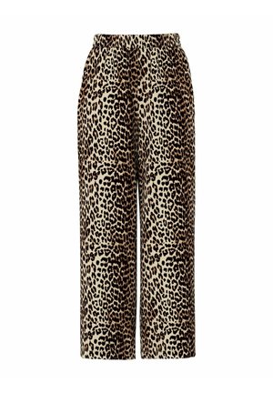 Pantaloni a gamba larga con stampa leopardata in beige e marrone, dotati di una vita elasticizzata e due tasche frontali. Tessuto morbido e strutturato.