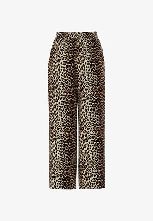 Pantaloni a gamba larga con stampa leopardata in beige e marrone, dotati di una vita elasticizzata e due tasche frontali. Tessuto morbido e strutturato.