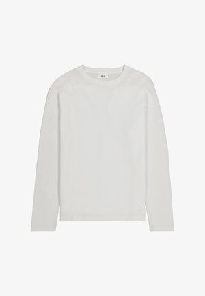 Hvid langærmet T-shirt med rund hals og lige kant, vist fladt mod en hvid baggrund.