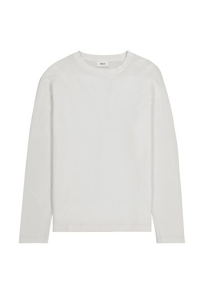 Plain white long-sleeve crew neck shirt with a straight hem, displayed flat against a white background.