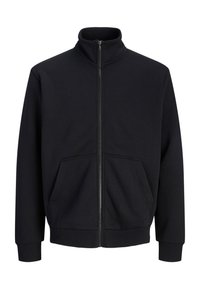 Veste noire zippée avec col montant, manches longues, poches avant, poignets et bas côtelés.