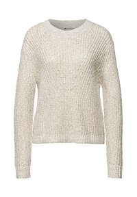 Pull tricoté de couleur écrue avec un motif texturé et épais, col rond, manches longues, et poignets et ourlet côtelés.