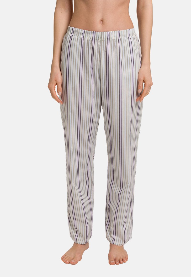 Gestreepte pyjamabroek van lichte stof, met verticale strepen in paars en wit, voorzien van een elastische tailleband en een losse pasvorm.
