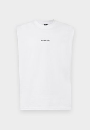 Balts bez piedurknēm T-krekls, izgatavots no kokvilnas, ar apaļu kakla izgriezumu un melnu "G-STAR RAW" logotipu, kas izdrukāts priekšā. Gluda tekstūra.