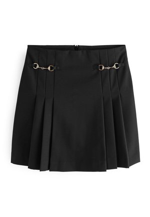Zwarte geplooide minirok met twee gouden metalen accenten in paardenbitstijl op de voorste tailleband en een verborgen ritssluiting aan de achterkant.