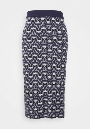 Navy blue knit pencil skirt with a white floral pattern, featuring a ribbed waistband and fitted silhouette, extending to the mid-calf.