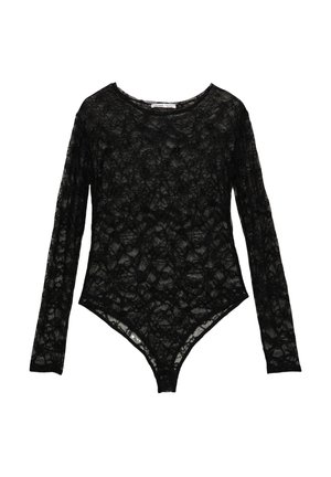 Zwarte kanten bodysuit met lange mouwen, voorzien van een bloemenpatroon en een ronde hals. Het materiaal is doorschijnend en structuur. 