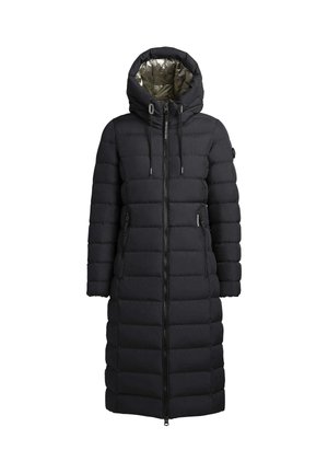 Black puffer coat with a hood, featuring a metallic interior lining, zip closure, and side pockets. Horizontal quilted design.