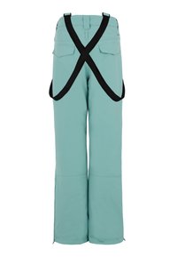 Turquoise sneeuwbroeken met zwarte kruisbanden, twee achterzakken en ritsen aan de onderkant voor een verstelbare pasvorm; soepel, duurzaam materiaal.