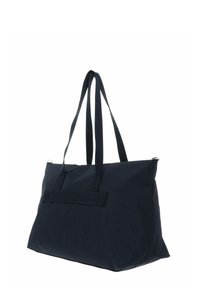 Sac cabas bleu marine en tissu texturé, avec deux longues anses, une forme rectangulaire, et une poche plate avant. Fermeture éclair sur le dessus.