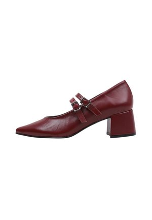 Zapato Mary Jane de cuero burdeos con punta afilada, dos hebillas ajustables y un tacón grueso. Textura suave y diseño sencillo.