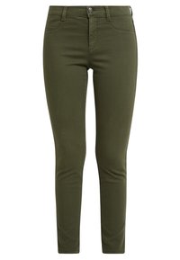 Olivgrüne, figurbetonte Jeans mit glatter Textur, Fünf-Taschen-Design, Öffnung mit vorderem Knopf und Gürtelschlaufen.