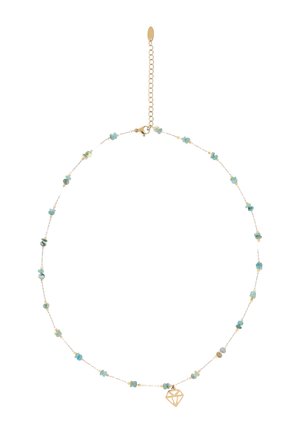Collier délicat en chaîne d’or avec de petites perles turquoise espacées de manière régulière et un pendentif en or en forme de losange, avec un fermoir ajustable.
