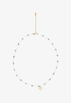 Collier délicat en chaîne d’or avec de petites perles turquoise espacées de manière régulière et un pendentif en or en forme de losange, avec un fermoir ajustable.