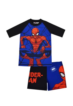 Kinder-Badeanzug zweiteilig mit langärmeligem blau-schwarzem Oberteil und Shorts, mit Spider-Man-Grafik und Spinnennetz-Design.