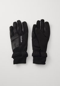 Schwarze Handschuhe mit texturiertem Griffmuster, elastischen Bündchen und touchscreen-kompatiblen Fingerspitzen; gefertigt aus weichem, dehnbarem Stoff.