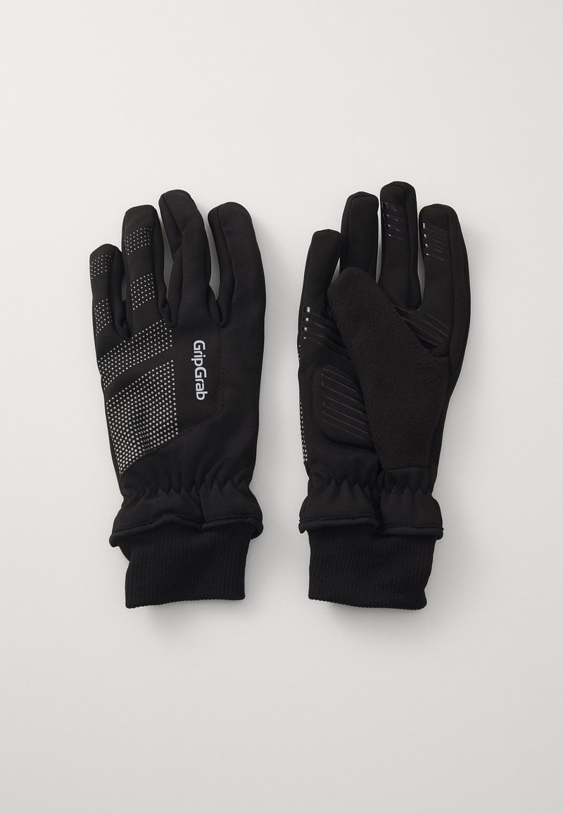 Schwarze Handschuhe mit texturiertem Griffmuster, elastischen Bündchen und touchscreen-kompatiblen Fingerspitzen; gefertigt aus weichem, dehnbarem Stoff.