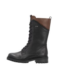 Schwarze Leder Schnürstiefel mit einem braunen Lederakzent oben, einem stabilen Absatz, einer strukturierten Sohle und einem Logodetail an der Seite.