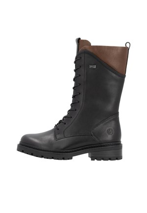 Black leather lace-up boot featuring a brown leather accent at the top, a sturdy heel, textured sole, and logo detail on the side.