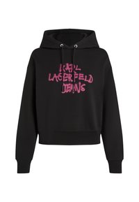 Felpa nera con maniche lunghe e cordini, caratterizzata da un testo in stile graffiti rosa "KARL LAGERFELD JEANS" sul petto.