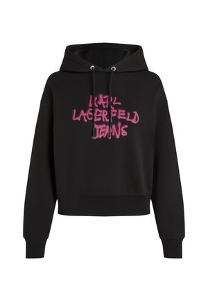 Moletom preto com mangas longas e cordões, apresentando texto em estilo graffiti rosa "KARL LAGERFELD JEANS" no peito.