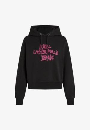 Schwarzer Hoodie mit langen Ärmeln und Kordelzügen, der auf der Brust mit pinker Graffiti-ähnlicher Schrift "KARL LAGERFELD JEANS" versehen ist.