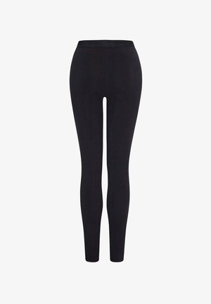 Leggings neri in tessuto elasticizzato, con un elastico in vita alto, un design aderente e una texture liscia, senza motivi visibili o accessori.