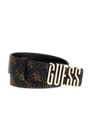 Cintura nera regolabile in larghezza caratterizzata da un materiale in ecopelle testurizzato. Fibbia con logo 'GUESS' in tonalità oro e dettagli a motivo.