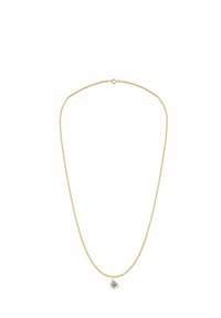 Collana a catena tono oro con un design delicato, caratterizzata da un ciondolo a goccia con una gemma blu. Finitura liscia e textura sottile.