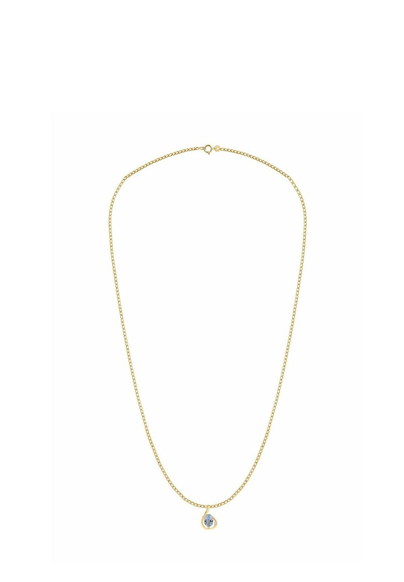 Collana a catena tono oro con un design delicato, caratterizzata da un ciondolo a goccia con una gemma blu. Finitura liscia e textura sottile.