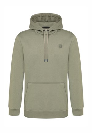 Olive green hoodie with a kangaroo pocket, drawstring hood, ribbed cuffs, and subtle logo detail on the chest. Made from soft fabric.