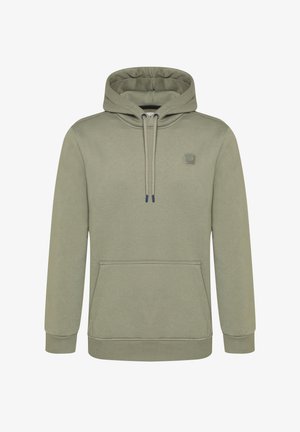 Olijfgroene hoodie met een kangoeroezak, trekkoord aan de capuchon, geribde manchetten en subtiele logodetail op de borst. Gemaakt van zacht materiaal.