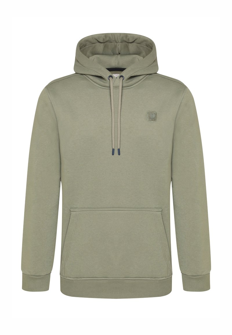 Olijfgroene hoodie met een kangoeroezak, trekkoord aan de capuchon, geribde manchetten en subtiele logodetail op de borst. Gemaakt van zacht materiaal.