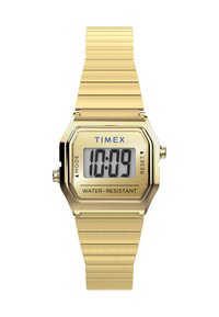 Orologio digitale con cinturino in acciaio inox dorato, cassa ottagonale, display LCD, logo blu "TIMEX" e lettura dell'ora nera. Resistente all'acqua.