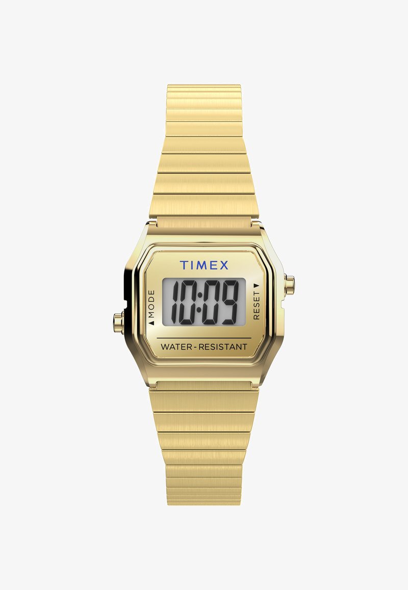 Orologio digitale con cinturino in acciaio inox dorato, cassa ottagonale, display LCD, logo blu "TIMEX" e lettura dell'ora nera. Resistente all'acqua.