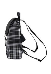 Black and white plaid backpack with a top handle, adjustable shoulder straps, and a side pocket for a phone. Smooth texture, modern design.