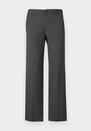 Gray pinstripe trousers made from tailored fabric, featuring a straight-leg design, front pockets, and a button closure at the waistband.