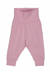 Pantalons pour nourrissons en coton rose doux, avec une large ceinture repliable et des poignets à la cheville froncés pour plus de confort. Texture lisse, sans motifs ni impressions.