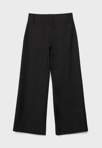 Pantalon noir à jambes larges avec passants de ceinture, devant plat, sans poches visibles, présenté sur un fond clair uni.