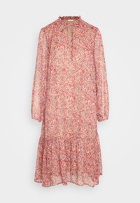 Robe à imprimé floral en rose et crème, avec un col volé, un décolleté en trou de serrure, des manches longues et un ourlet en biais. Fabriquée en tissu léger.