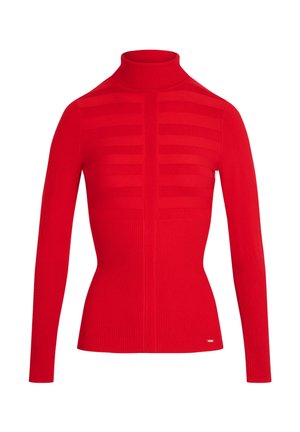 Maglione a collo alto rosso realizzato in materiale a costine. Presenta un design a righe sulla parte superiore e una silhouette aderente.