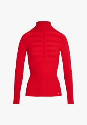 Pull à col roulé rouge en tricot côtelé. Présente un design rayé sur le haut du corps et une silhouette ajustée.