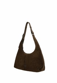 Hnědá semišová kabelka přes rameno ve tvaru hobo, s jedním popruhem a zapínáním na zip. Hladká textura s jemným logem jako akcent.