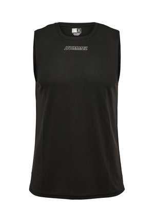 Black sleeveless athletic shirt with "HUMMEL" logo centered on chest and round neckline.