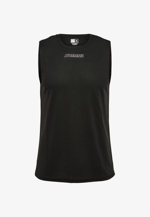 Black sleeveless athletic shirt with "HUMMEL" logo centered on chest and round neckline.