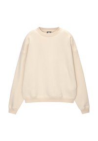 Beżowy sweter, okrągły dekolt, długie rękawy, prążkowane mankiety i dół, miękka faktura, luźny krój, minimalne oznakowanie na rękawie.