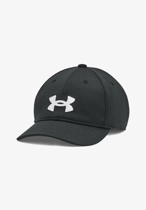 Black baseball cap made of fabric, featuring a pre-curved visor and a white embroidered logo on the front. Six-panel design with ventilation holes.