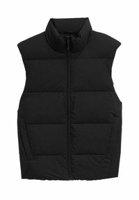 Zwarte gewatteerde vest met hoge kraag, voorzien van een rits aan de voorkant, mouwloos ontwerp en twee zijzakken. Gelaagd, lichtgewicht stof.